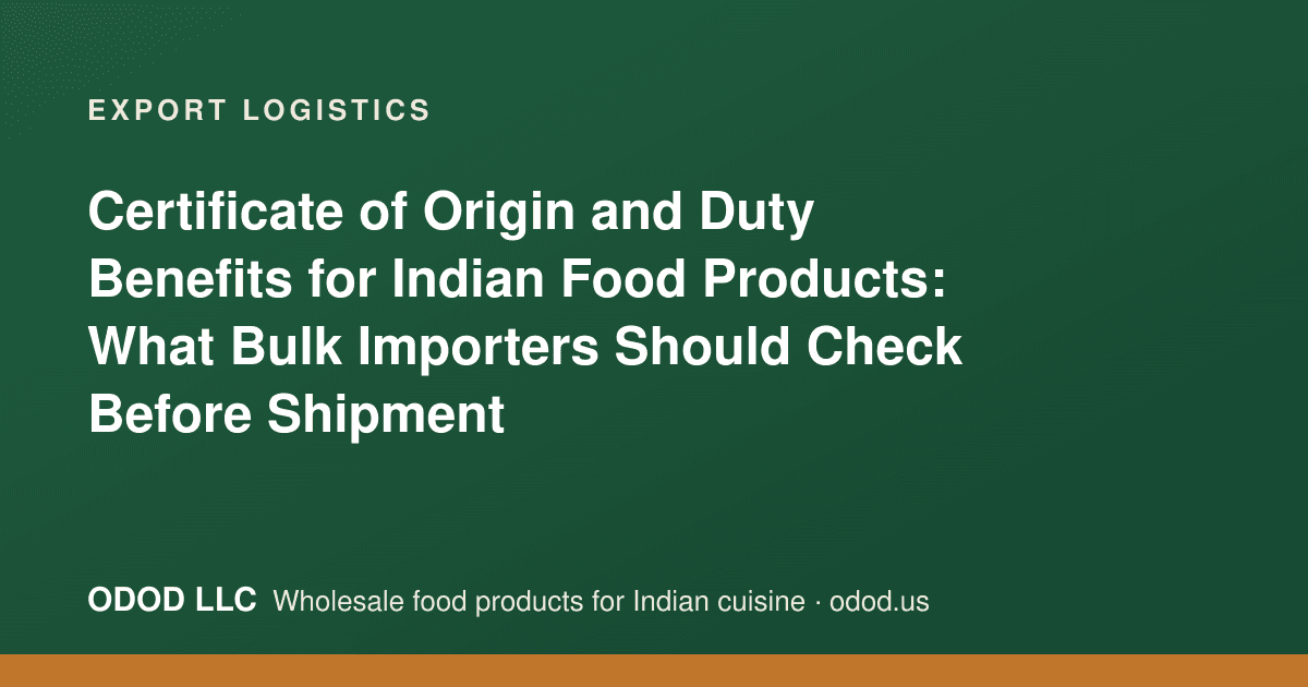 Certificate of origin and shipping documents laid on a desk beside sacks of bulk spices and pulses prepared for container export