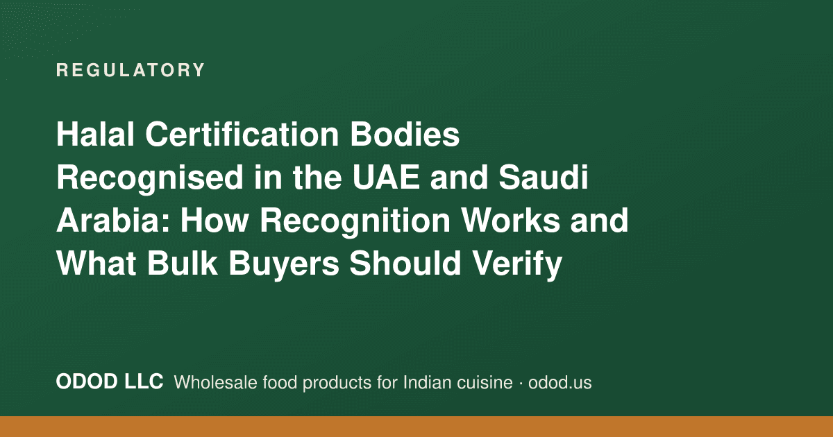 Halal certificate and accreditation documents laid beside bulk cartons of food products prepared for shipment to the UAE and Saudi Arabia
