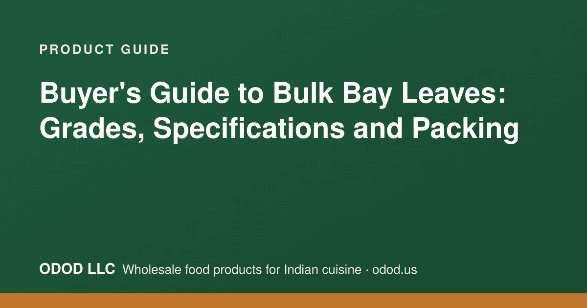 Bulk whole bay leaves in a sample tray beside packed export sacks