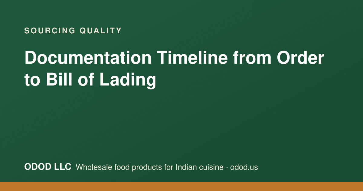Timeline diagram showing documents issued between purchase order and bill of lading for a bulk food export shipment