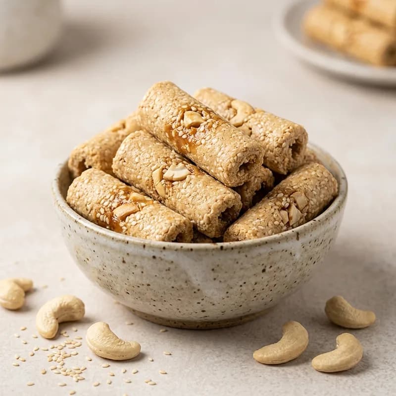 Gajak Gud Kaju Roll / Kaju Gajak Roll / Cashew Jaggery Roll (illustrative image)